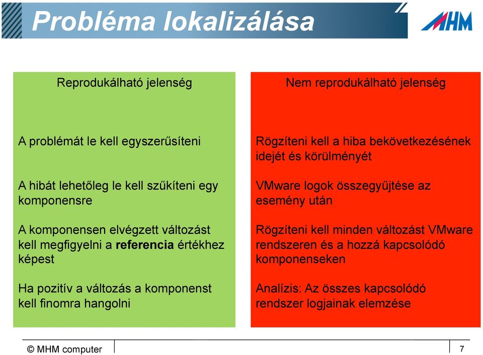 komponenst kell finomra hangolni Rögzíteni kell a hiba bekövetkezésének idejét és körülményét VMware logok összegyűjtése az esemény után