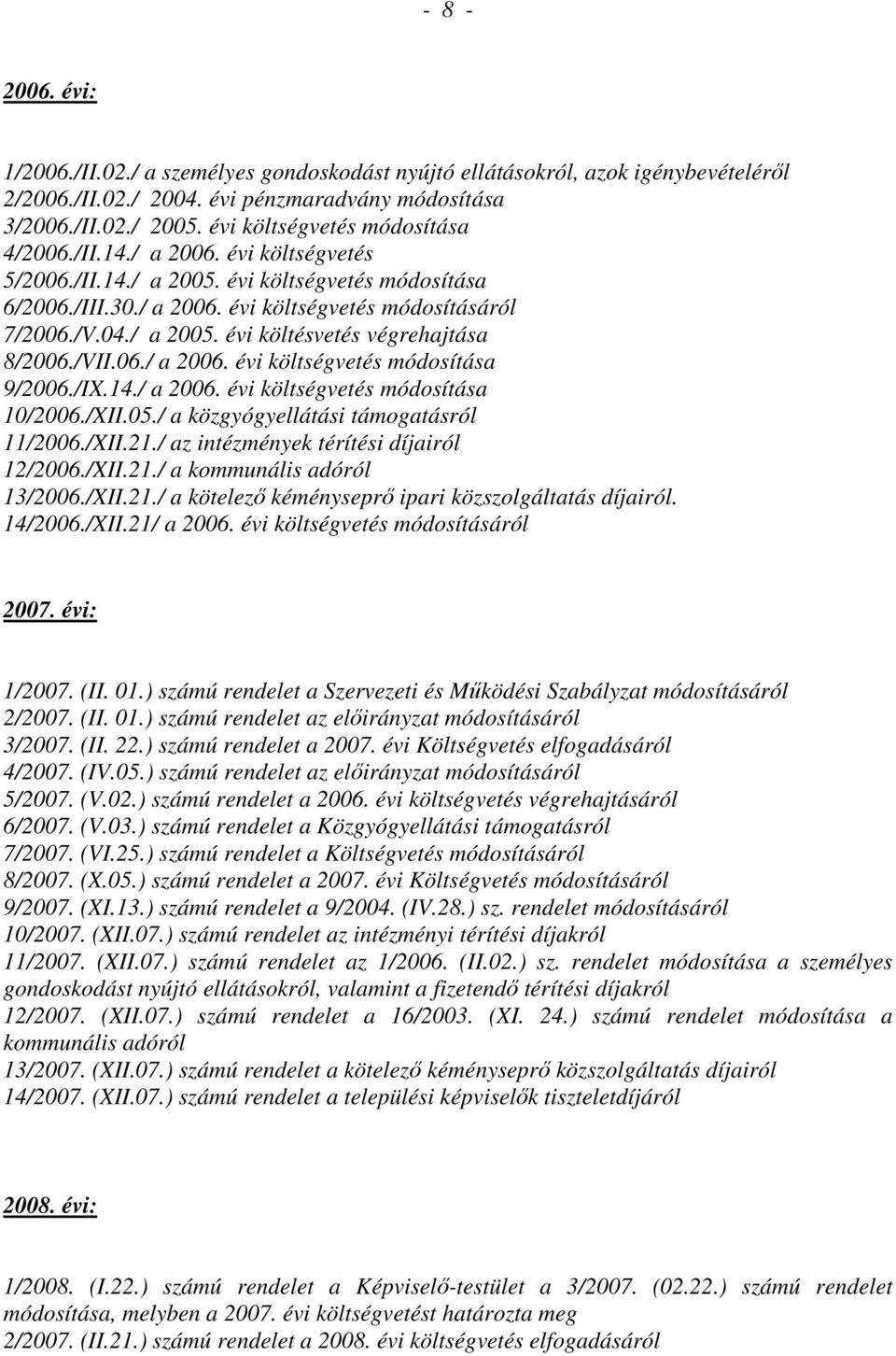 /VII.06./ a 2006. évi költségvetés módosítása 9/2006./IX.14./ a 2006. évi költségvetés módosítása 10/2006./XII.05./ a közgyógyellátási támogatásról 11/2006./XII.21.