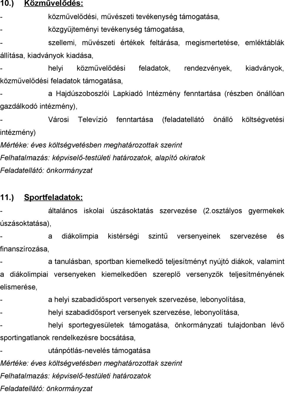 intézmény), - Városi Televízió fenntartása (feladatellátó önálló költségvetési intézmény) Felhatalmazás: képviselő-testületi határozatok, alapító okiratok 11.