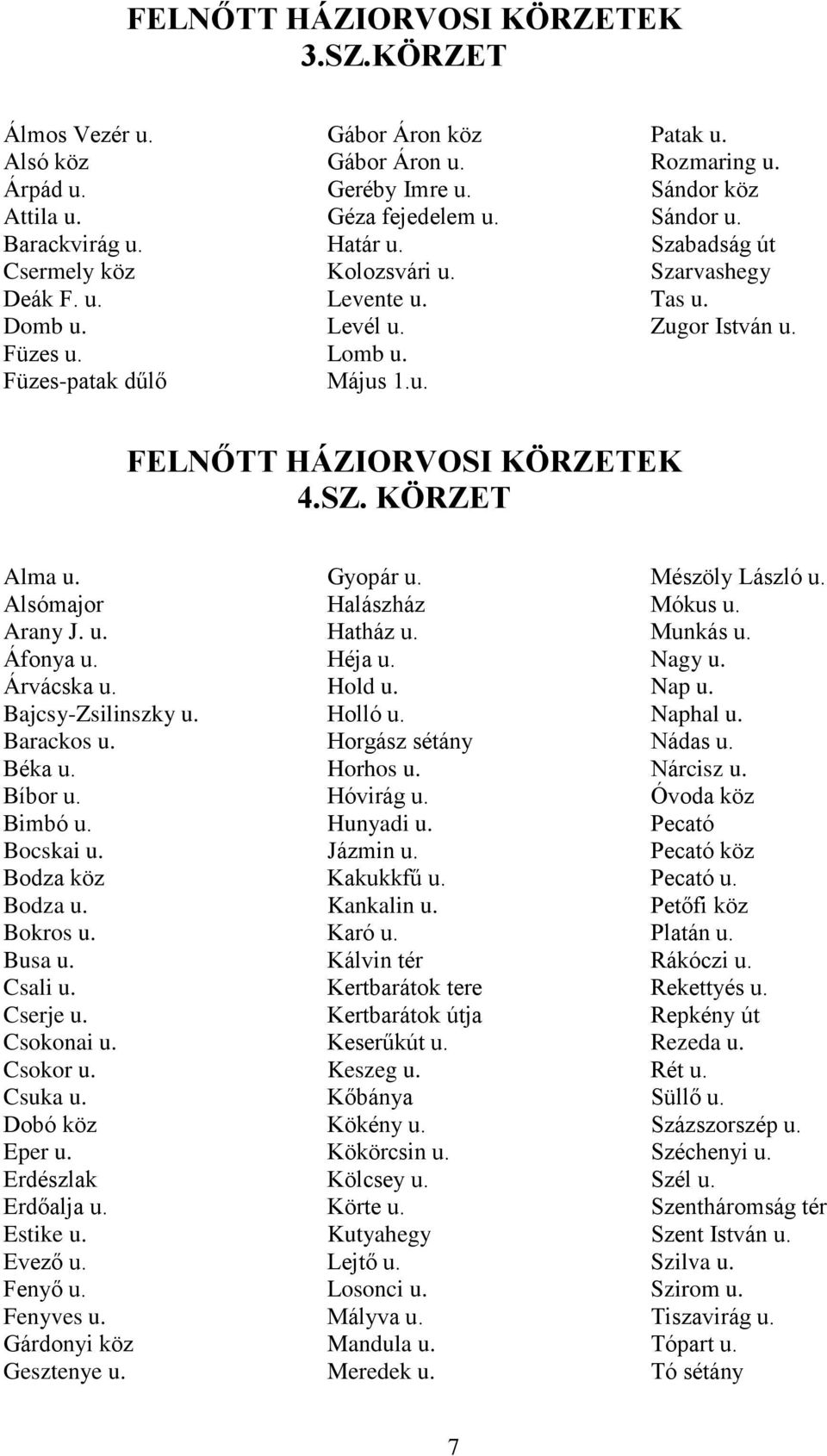 FELNŐTT HÁZIORVOSI KÖRZETEK 4.SZ. KÖRZET Alma u. Alsómajor Arany J. u. Áfonya u. Árvácska u. Bajcsy-Zsilinszky u. Barackos u. Béka u. Bíbor u. Bimbó u. Bocskai u. Bodza köz Bodza u. Bokros u. Busa u.