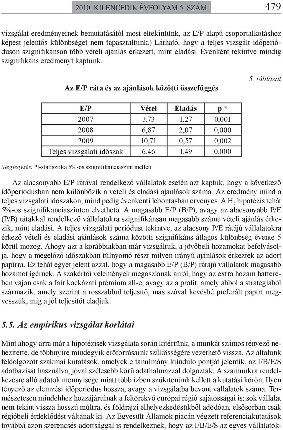 Az E/P ráta és az ajánlások közötti összefüggés 5.