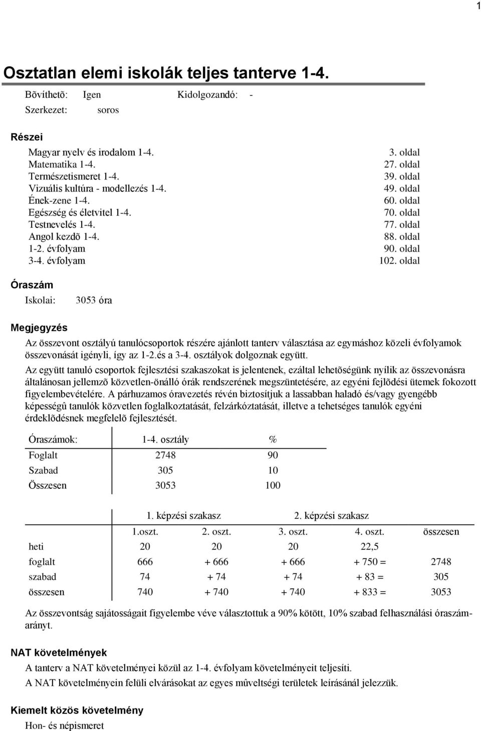 évfolyam 102. oldal Óraszám Iskolai: 3053 óra Megjegyzés Az összevont osztályú tanulócsoportok részére ajánlott tanterv választása az egymáshoz közeli évfolyamok összevonását igényli, így az 1-2.