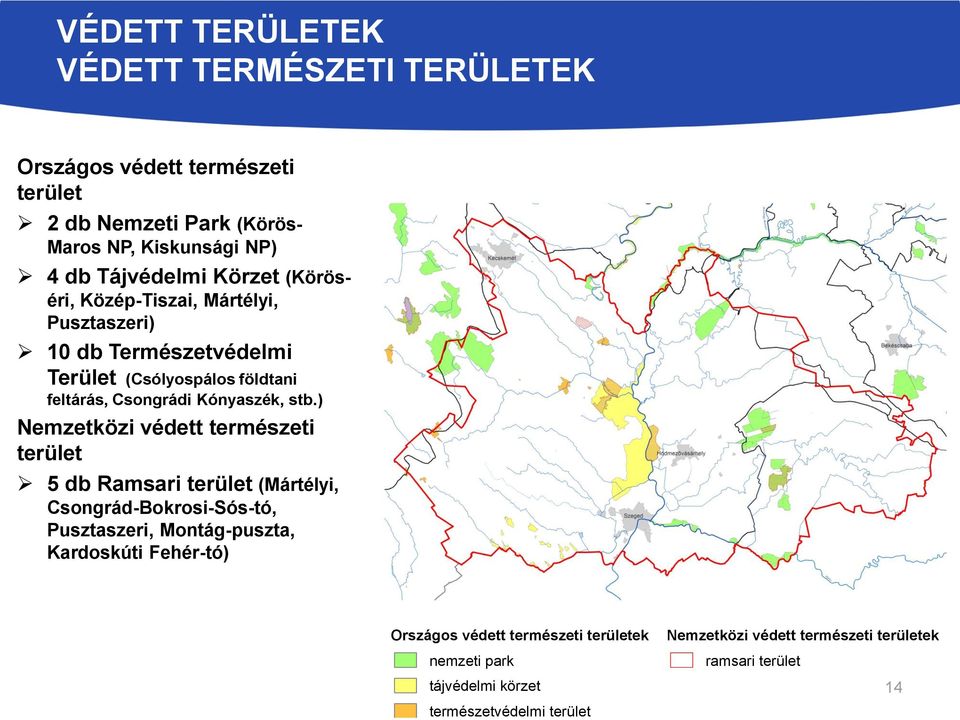 ) Nemzetközi védett természeti terület 5 db Ramsari terület (Mártélyi, Csongrád-Bokrosi-Sós-tó, Pusztaszeri, Montág-puszta, Kardoskúti Fehér-tó)