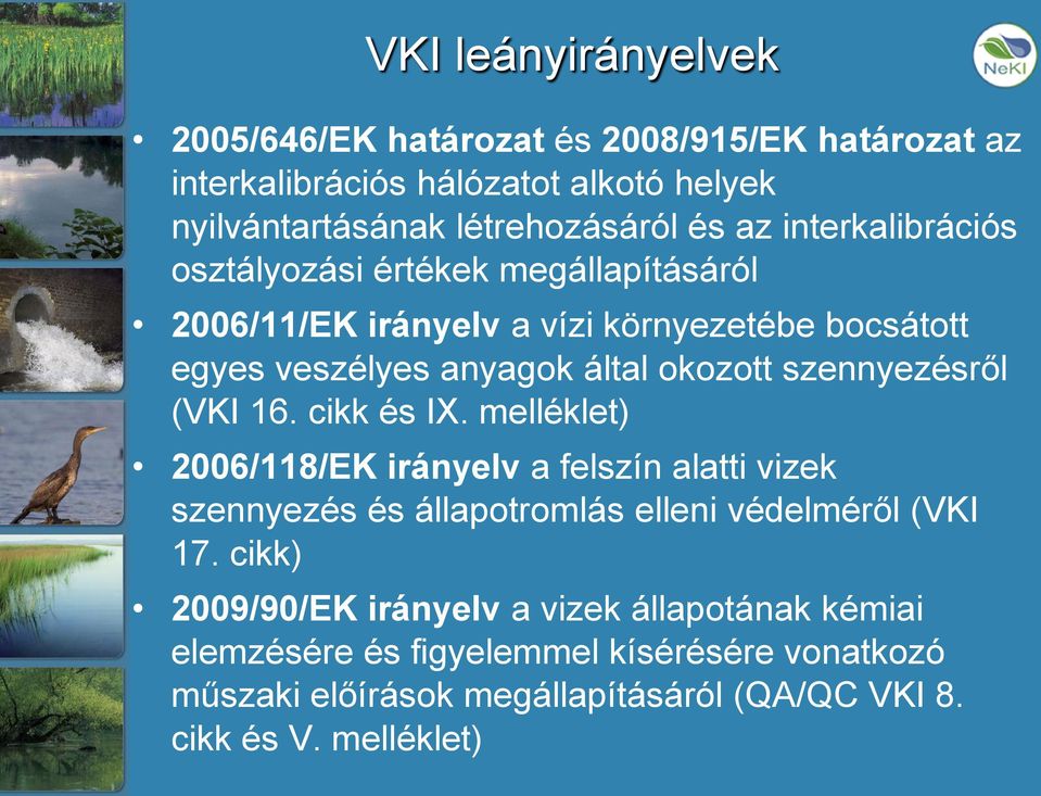 szennyezésről (VKI 16. cikk és IX. melléklet) 2006/118/EK irányelv a felszín alatti vizek szennyezés és állapotromlás elleni védelméről (VKI 17.