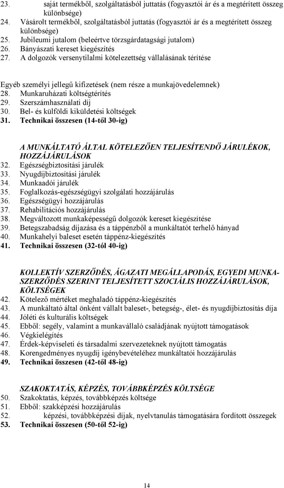 A dolgozók versenytilalmi kötelezettség vállalásának térítése Egyéb személyi jellegű kifizetések (nem része a munkajövedelemnek) 28. Munkaruházati költségtérítés 29. Szerszámhasználati díj 30.