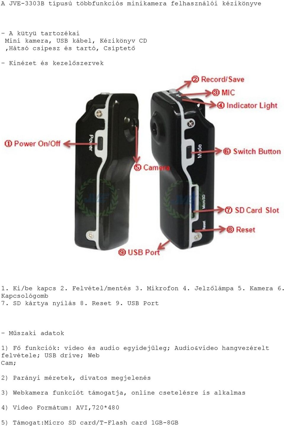 A JVE-3303B típusú többfunkciós minikamera felhasználói kézikönyve - PDF  Ingyenes letöltés