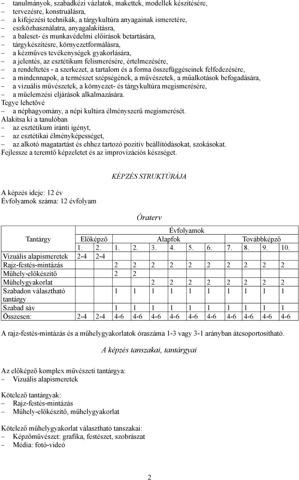 szerkezet, a tartalom és a forma összefüggéseinek felfedezésére, a mindennapok, a természet szépségének, a művészetek, a műalkotások befogadására, a vizuális művészetek, a környezet- és tárgykultúra