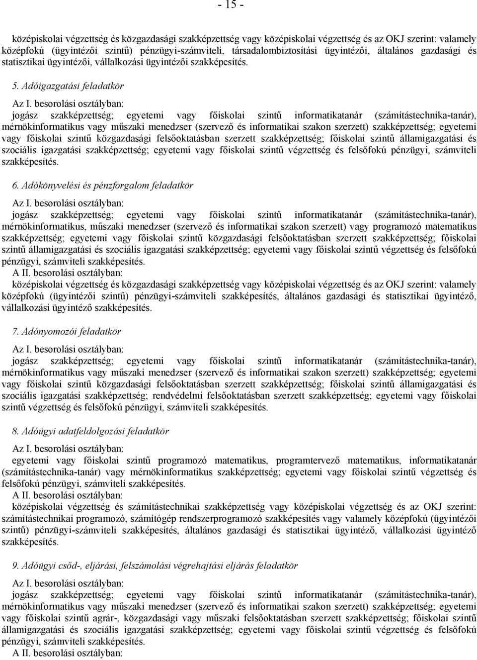 Adóigazgatási feladatkör jogász szakképzettség; egyetemi vagy főiskolai szintű informatikatanár (számítástechnika-tanár), mérnökinformatikus vagy műszaki menedzser (szervező és informatikai szakon