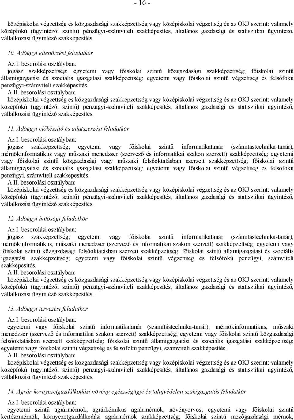 Adóügyi ellenőrzési feladatkör jogász szakképzettség; egyetemi vagy főiskolai szintű közgazdasági szakképzettség; főiskolai szintű államigazgatási és szociális igazgatási szakképzettség; egyetemi