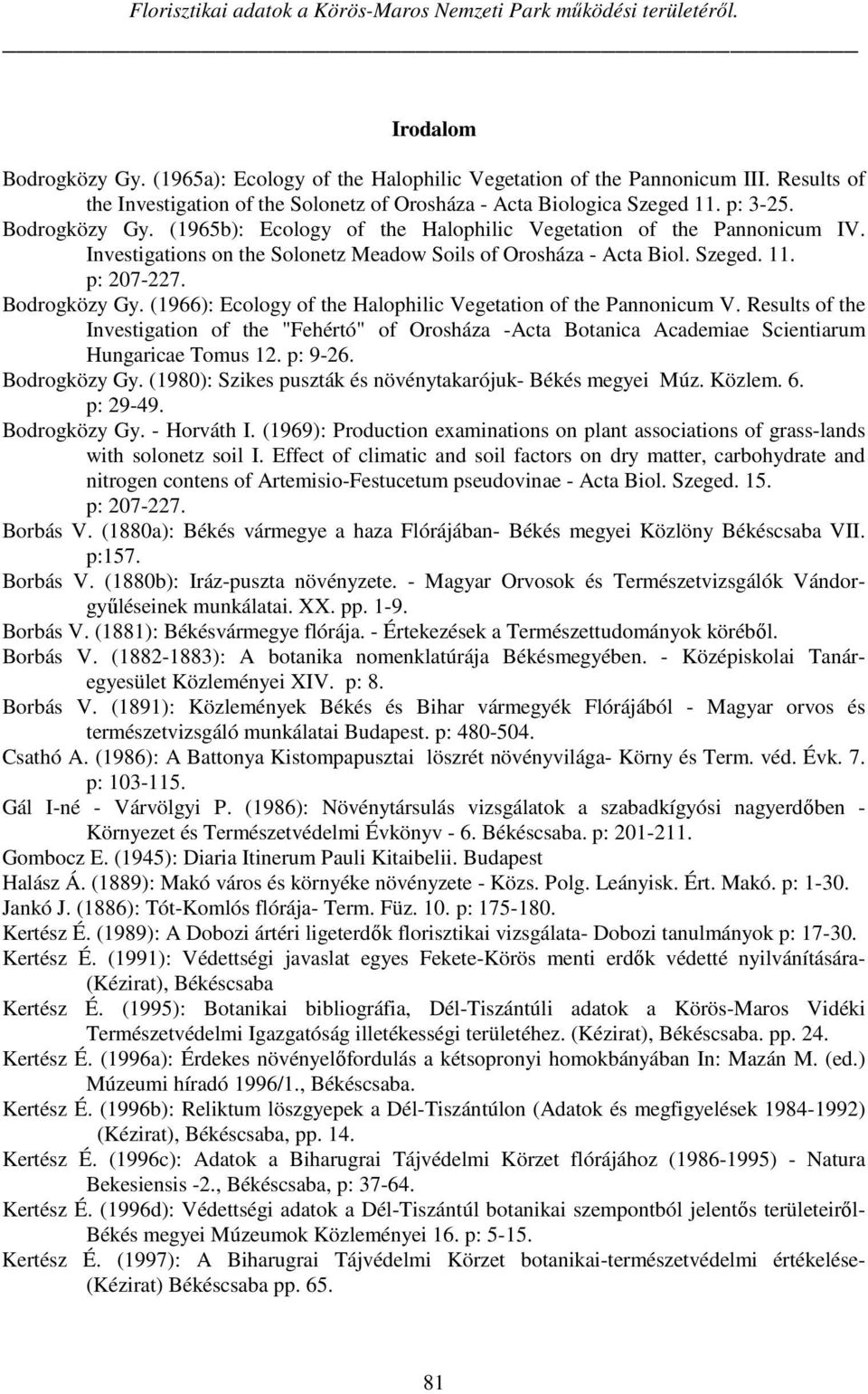 Investigations on the Solonetz Meadow Soils of Orosháza - Acta Biol. Szeged. 11. p: 207-227. Bodrogközy Gy. (1966): Ecology of the Halophilic Vegetation of the Pannonicum V.