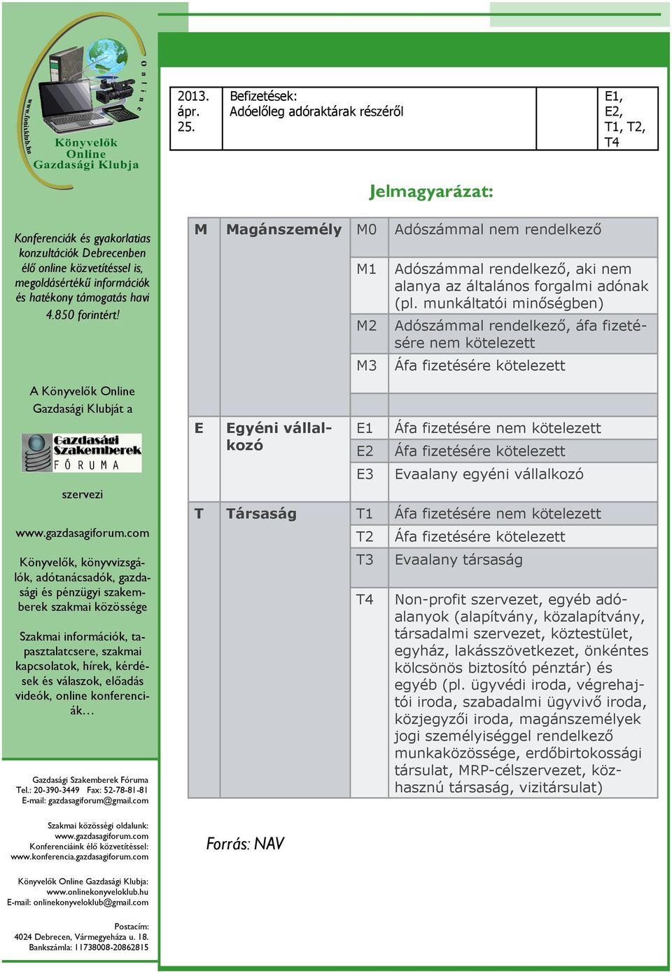 munkáltatói minőségben) M2 Adószámmal rendelkező, áfa fizetésére nem kötelezett M3 Áfa fizetésére kötelezett E1 Áfa fizetésére nem kötelezett E2 Áfa fizetésére kötelezett E3 Evaalany egyéni