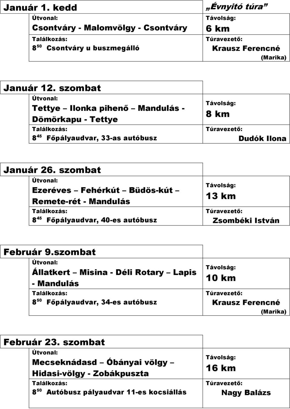 szombat Ezeréves Fehérkút Büdös-kút Remete-rét - Mandulás 8 45 Főpályaudvar, 40-es autóbusz 13 km Zsombéki István Február 9.