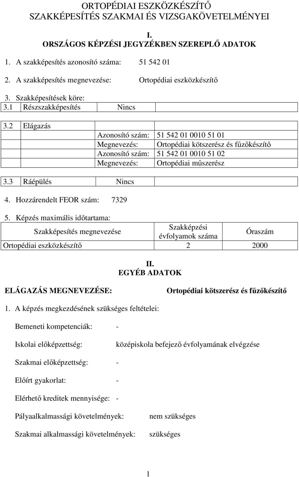 2 Elágazás Azonosító szám: 51 542 01 0010 51 01 Megnevezés: Ortopédiai kötszerész és fűzőkészítő Azonosító szám: 51 542 01 0010 51 02 Megnevezés: Ortopédiai műszerész 3.3 Ráépülés Nincs 4.