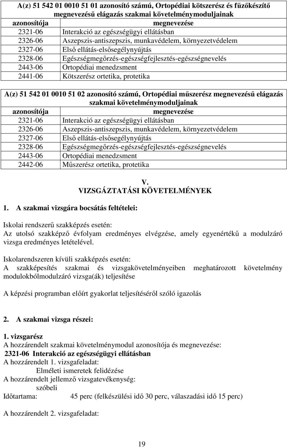 menedzsment 2441-06 Kötszerész ortetika, protetika A(z) 51 542 01 0010 51 02 azonosító számú, Ortopédiai műszerész megnevezésű elágazás szakmai követelménymoduljainak azonosítója megnevezése 2321-06