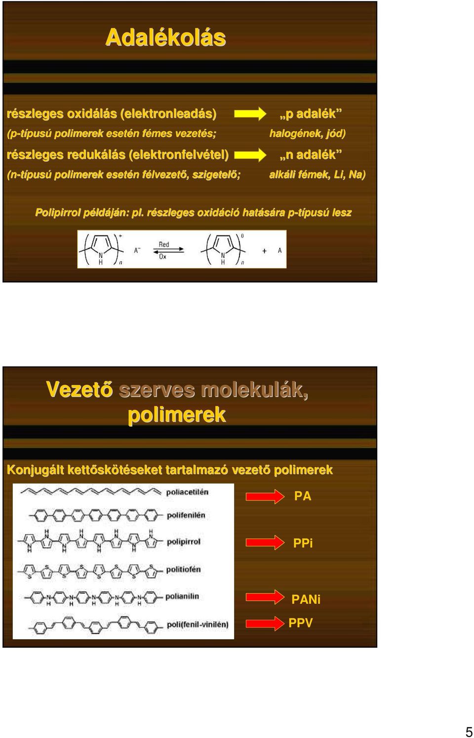 lvezetı,, szigetelı; alkáli li fémek, f Li,, Na) Polipirrol példáján: pl.