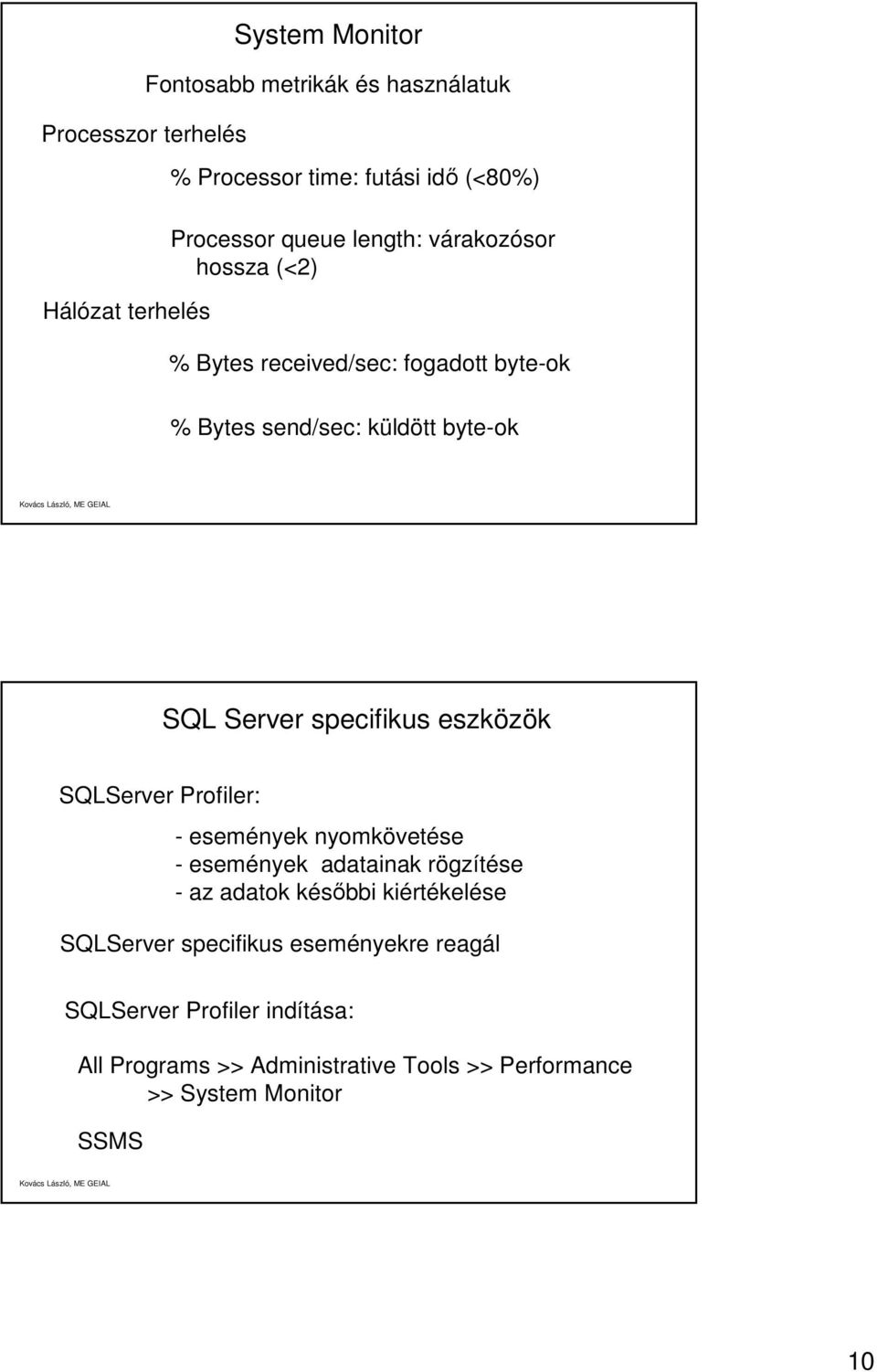 eszközök SQLServer Profiler: - események nyomkövetése - események adatainak rögzítése - az adatok későbbi kiértékelése SQLServer