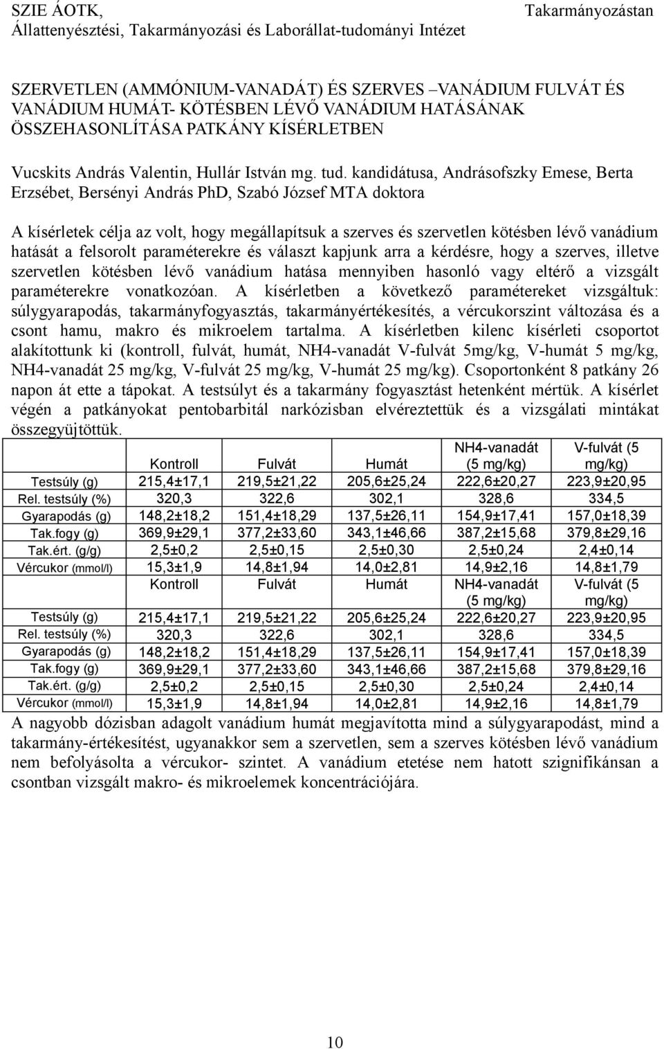 kandidátusa, Andrásofszky Emese, Berta Erzsébet, Bersényi András PhD, Szabó József MTA doktora A kísérletek célja az volt, hogy megállapítsuk a szerves és szervetlen kötésben lévő vanádium hatását a