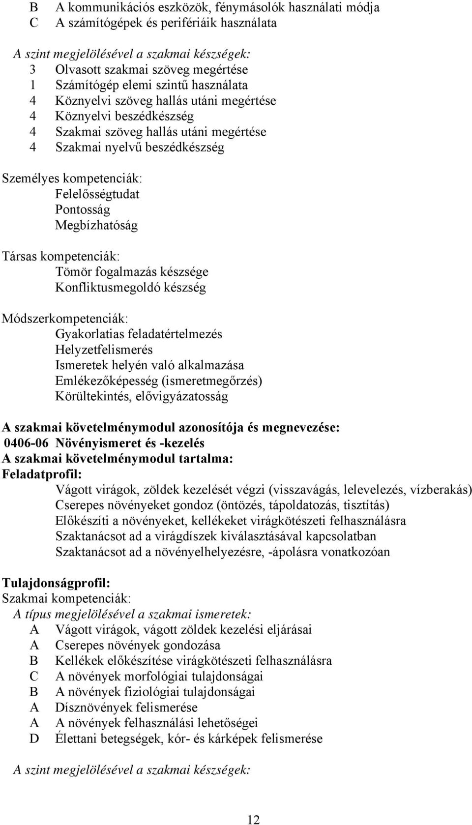 Pontosság Megbízhatóság Társas kompetenciák: Tömör fogalmazás készsége Konfliktusmegoldó készség Módszerkompetenciák: Gyakorlatias feladatértelmezés Helyzetfelismerés Ismeretek helyén való