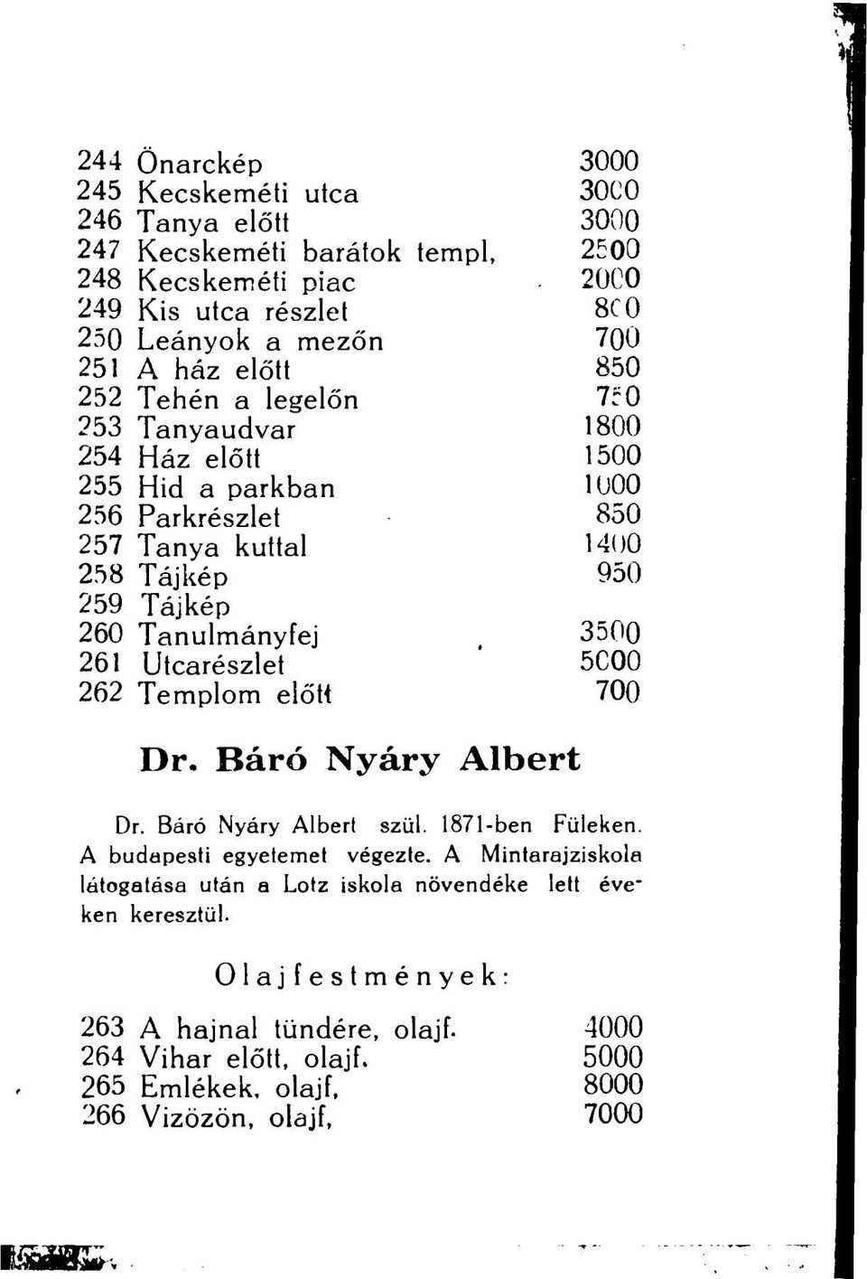 Tanulmányfej 3500 261 Utcarészlet 5C00 262 Templom előtt 700 Dr. Báró Nyáry Albert Dr. Báró Nyáry Albert szül. 1871-ben Füleken. A budapesti egyetemet végezte.