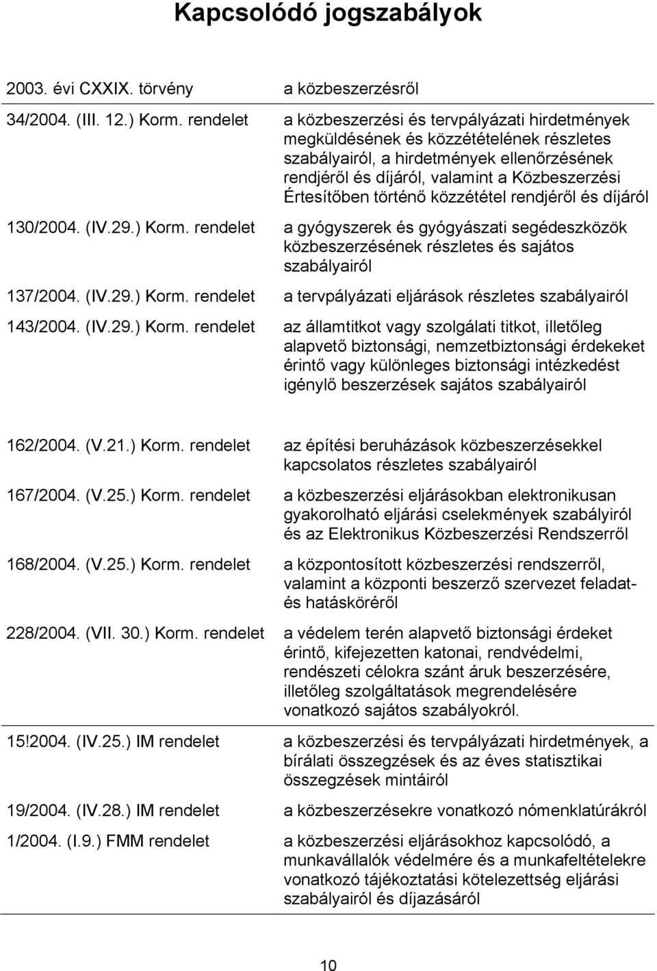 történő közzététel rendjéről és díjáról 130/2004. (IV.29.) Korm. rendelet a gyógyszerek és gyógyászati segédeszközök közbeszerzésének részletes és sajátos szabályairól 137/2004. (IV.29.) Korm. rendelet a tervpályázati eljárások részletes szabályairól 143/2004.