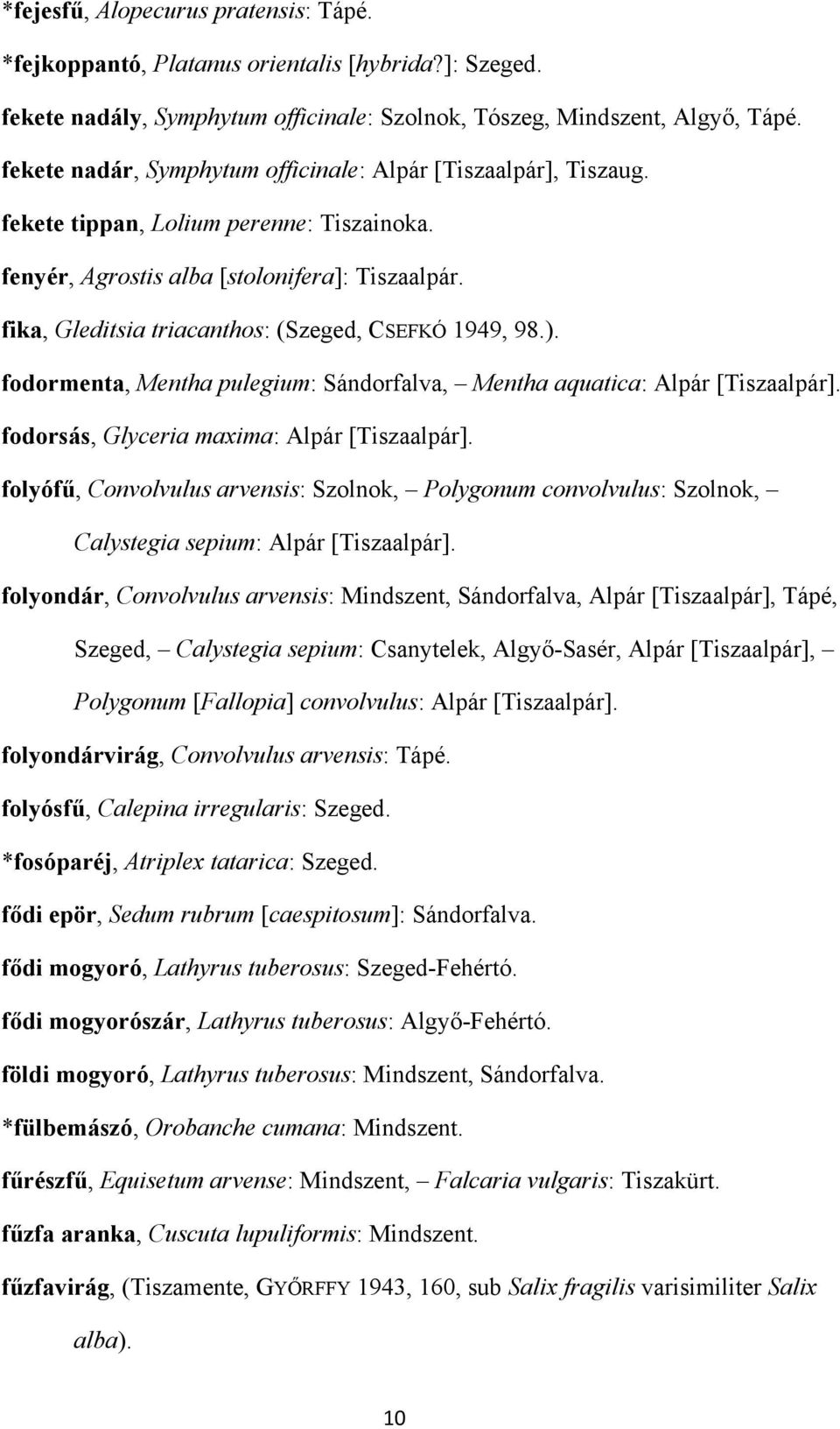 fika, Gleditsia triacanthos: (Szeged, CSEFKÓ 1949, 98.). fodormenta, Mentha pulegium: Sándorfalva, Mentha aquatica: Alpár [Tiszaalpár]. fodorsás, Glyceria maxima: Alpár [Tiszaalpár].