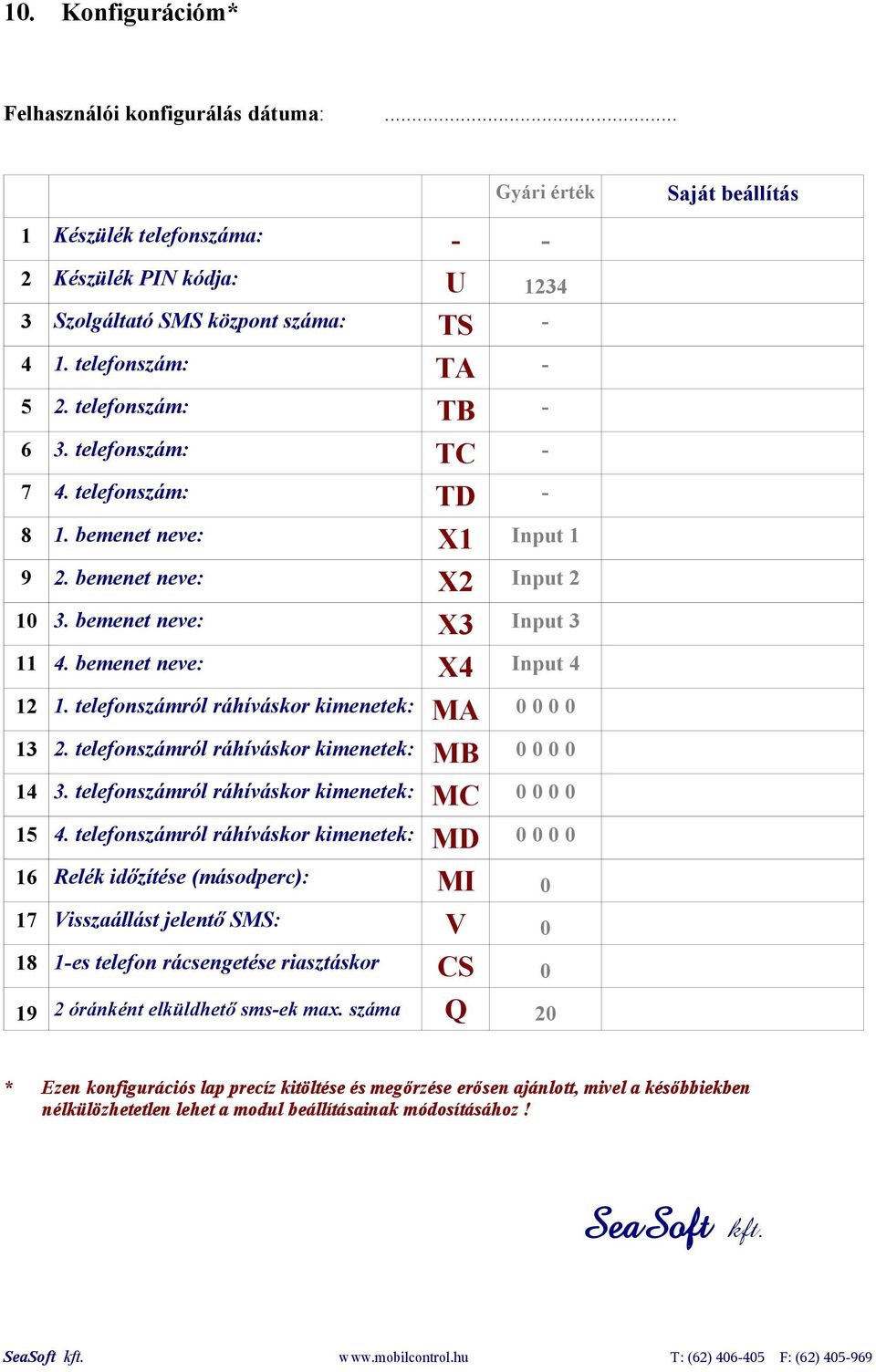 bemenet neve: X4 Input 4 12 1. telefonszámról ráhíváskor kimenetek: MA 0 0 0 0 13 2. telefonszámról ráhíváskor kimenetek: MB 0 0 0 0 14 3. telefonszámról ráhíváskor kimenetek: MC 0 0 0 0 15 4.