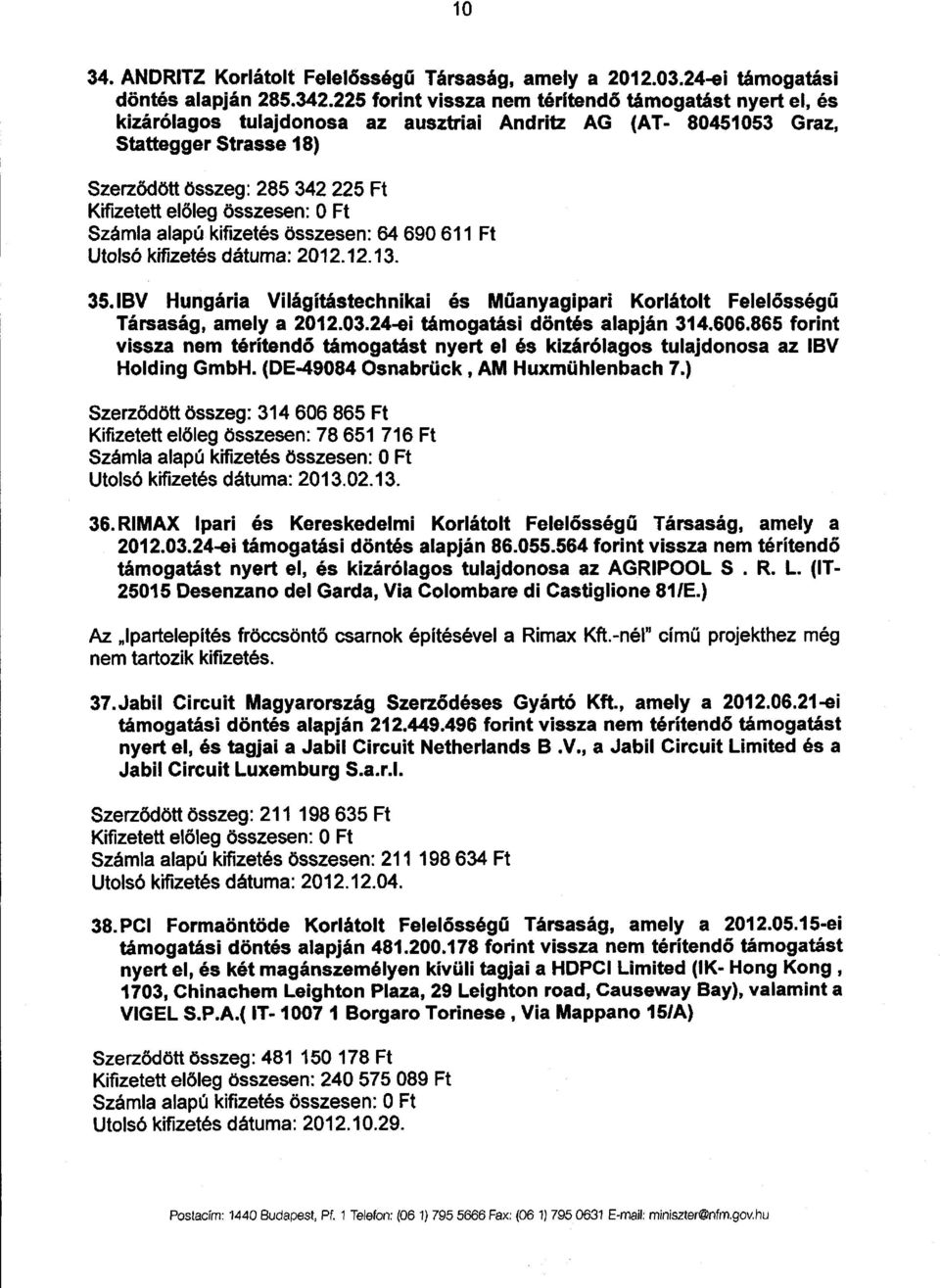 előleg összesen : 0 Ft Számla alapú kifizetés összesen : 64 690 611 F t Utolsó kifizetés dátuma : 2012.12.13. 35.