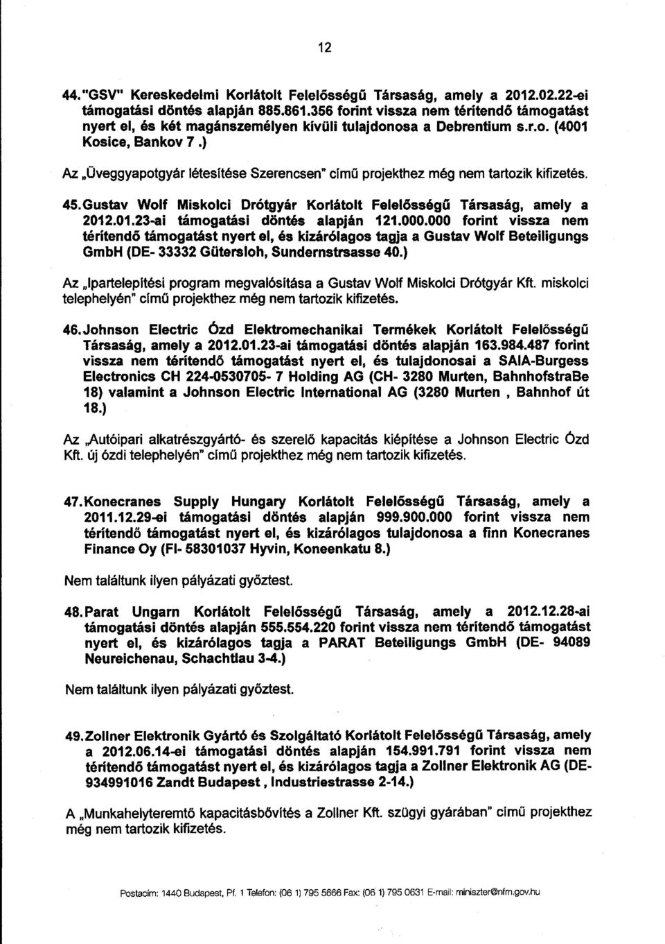 ) Az "Üveggyapotgyár létesítése Szerencsen" cím ű projekthez még nem tartozik kifizetés. 45.Gustav Wolf Miskolci Drótgyár Korlátolt Felel ősségű Társaság, amely a 2012