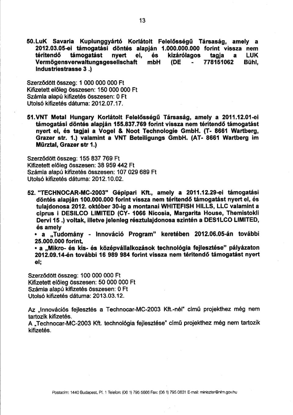 ) Szerződött összeg : 1 000 000 000 Ft Kifizetett el őleg összesen: 150 000 000 F t Utolsó kifizetés dátuma : 2012.07.17. 51.VNT Metal Hungary Korlátolt Felelősség ű Társaság, amely a 2011.12.01-ei támogatási döntés alapján 155.