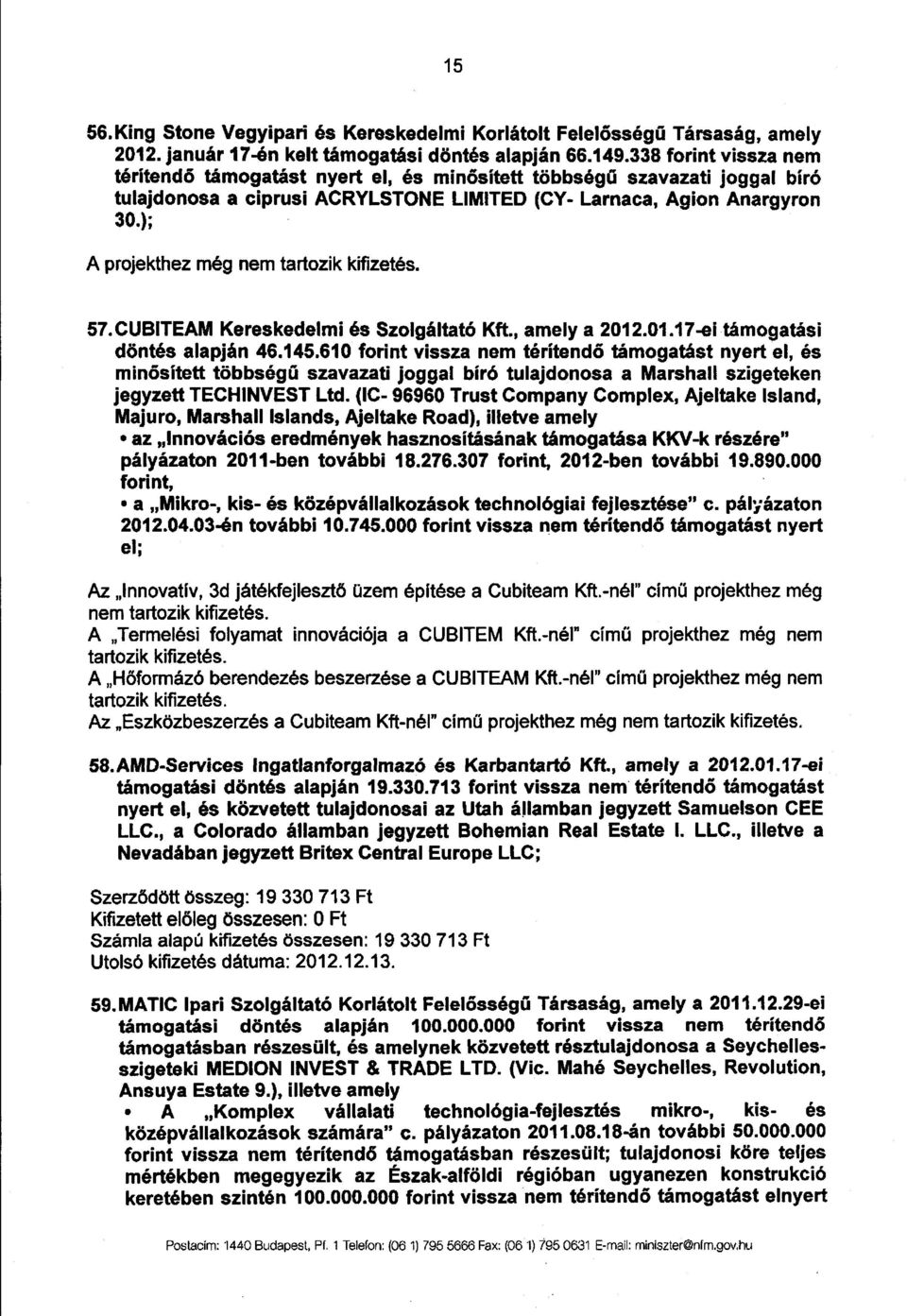 ) ; A projekthez még nem tartozik kifizetés. 57. CUBITEAM Kereskedelmi és Szolgáltató Kft., amely a 2012.01.17-ei támogatás i döntés alapján 46.145.