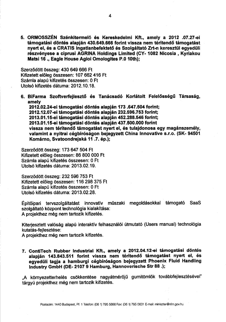 u Matsi 16., Eagle House Agioi Omologites P.010th) ; Szerződött összeg: 430 649 666 Ft Kifizetett el őleg összesen: 107 662 416 Ft Utolsó kifizetés dátuma : 2012.10.18. 6. BiFarma Szoftverfejlesztő és Tanácsadó Korlátolt Felel ősségű Társaság, amely 2012.