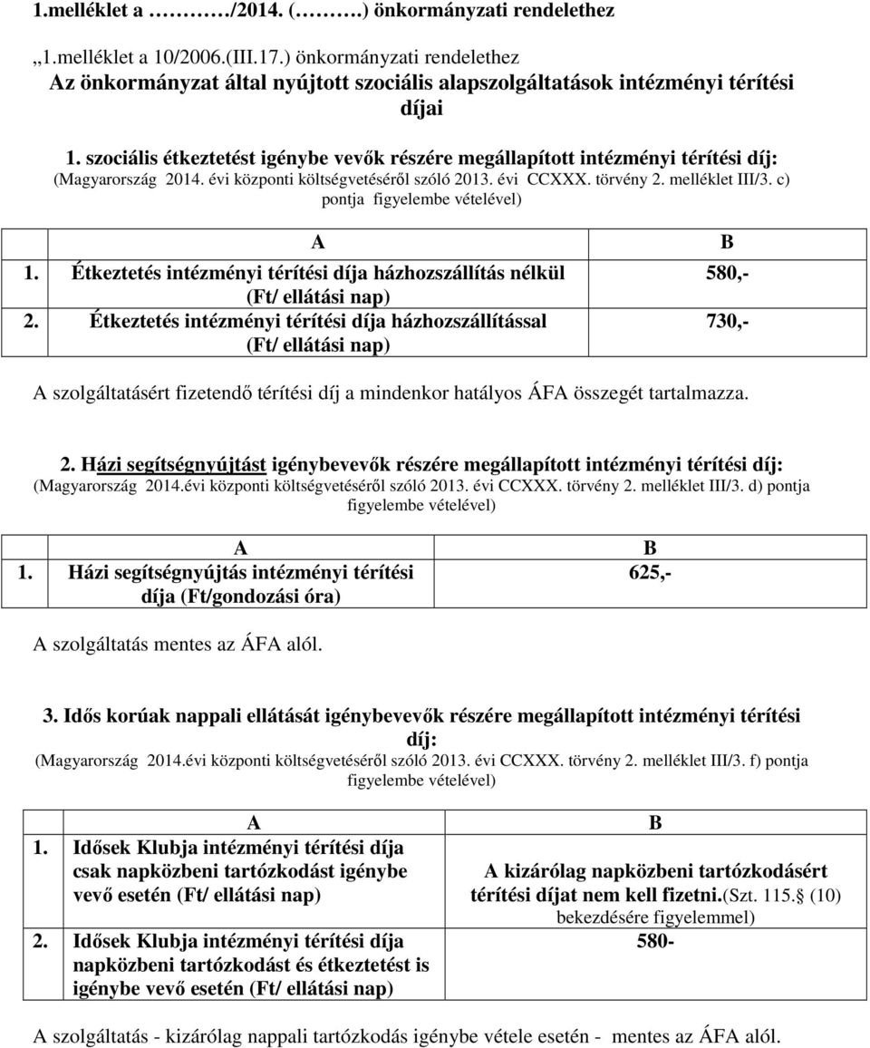 c) pontja figyelembe vételével) 1. Étkeztetés intézményi térítési díja házhozszállítás nélkül (Ft/ ellátási nap) 2.