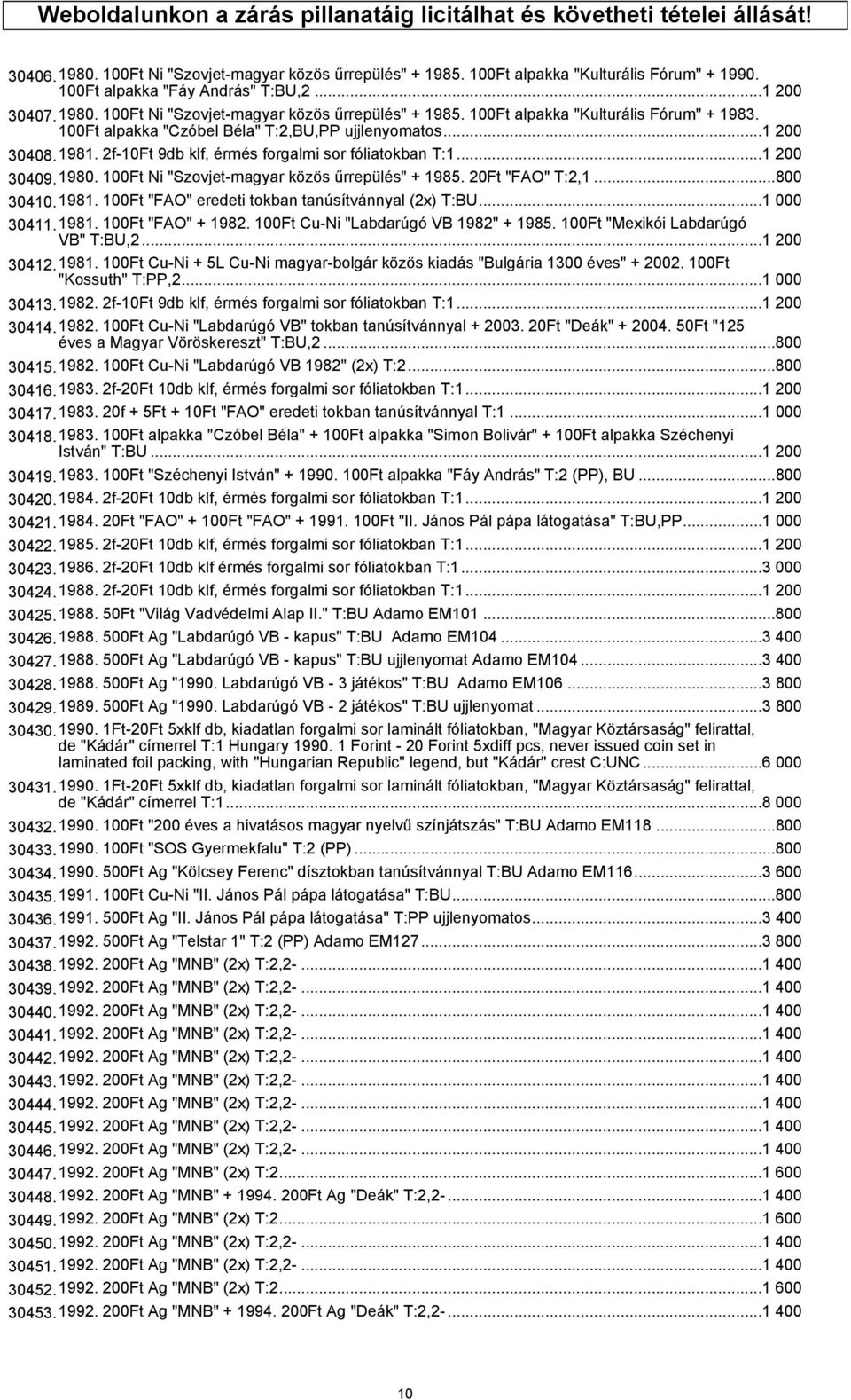 ..1 200 30408.1981. 2f-10Ft 9db klf, érmés forgalmi sor fóliatokban T:1...1 200 30409.1980. 100Ft Ni "Szovjet-magyar közös űrrepülés" + 1985. 20Ft "FAO" T:2,1...800 30410.1981. 100Ft "FAO" eredeti tokban tanúsítvánnyal (2x) T:BU.