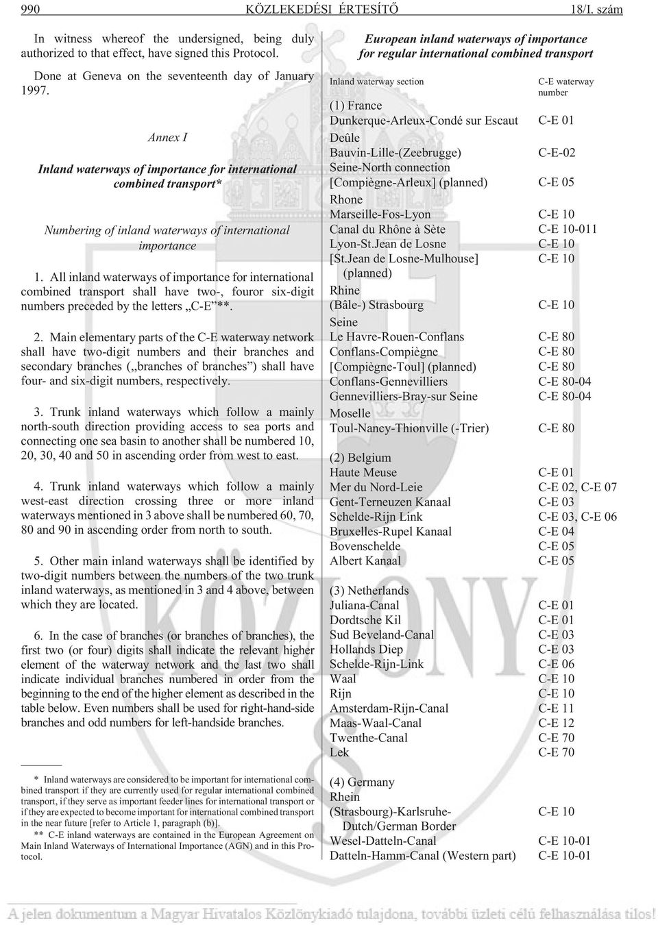 All inland waterways of importance for international combined transport shall have two-, fouror six-digit numbers preceded by the letters C-E **. 2.