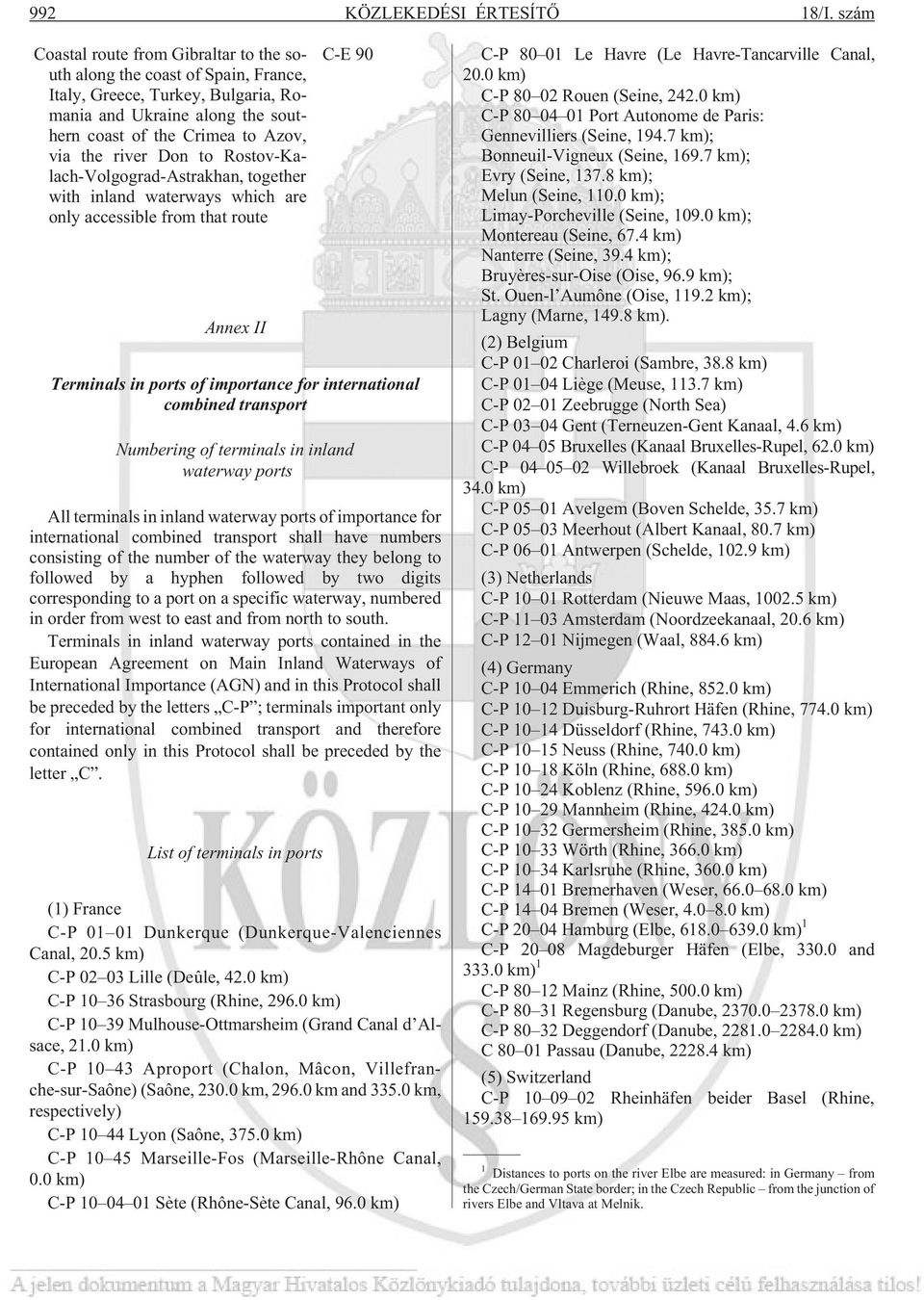 to Rostov-Kalach-Volgograd-Astrakhan, together with inland waterways which are only accessible from that route Annex II C-E 90 Terminals in ports of importance for international combined transport