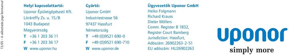 hu Gyártó: Uponor GmbH Industriestrasse 56 97437 Hassfurt Németország T +49 (0)9521 690-0 F +49 (0)9521 690-710 W www.