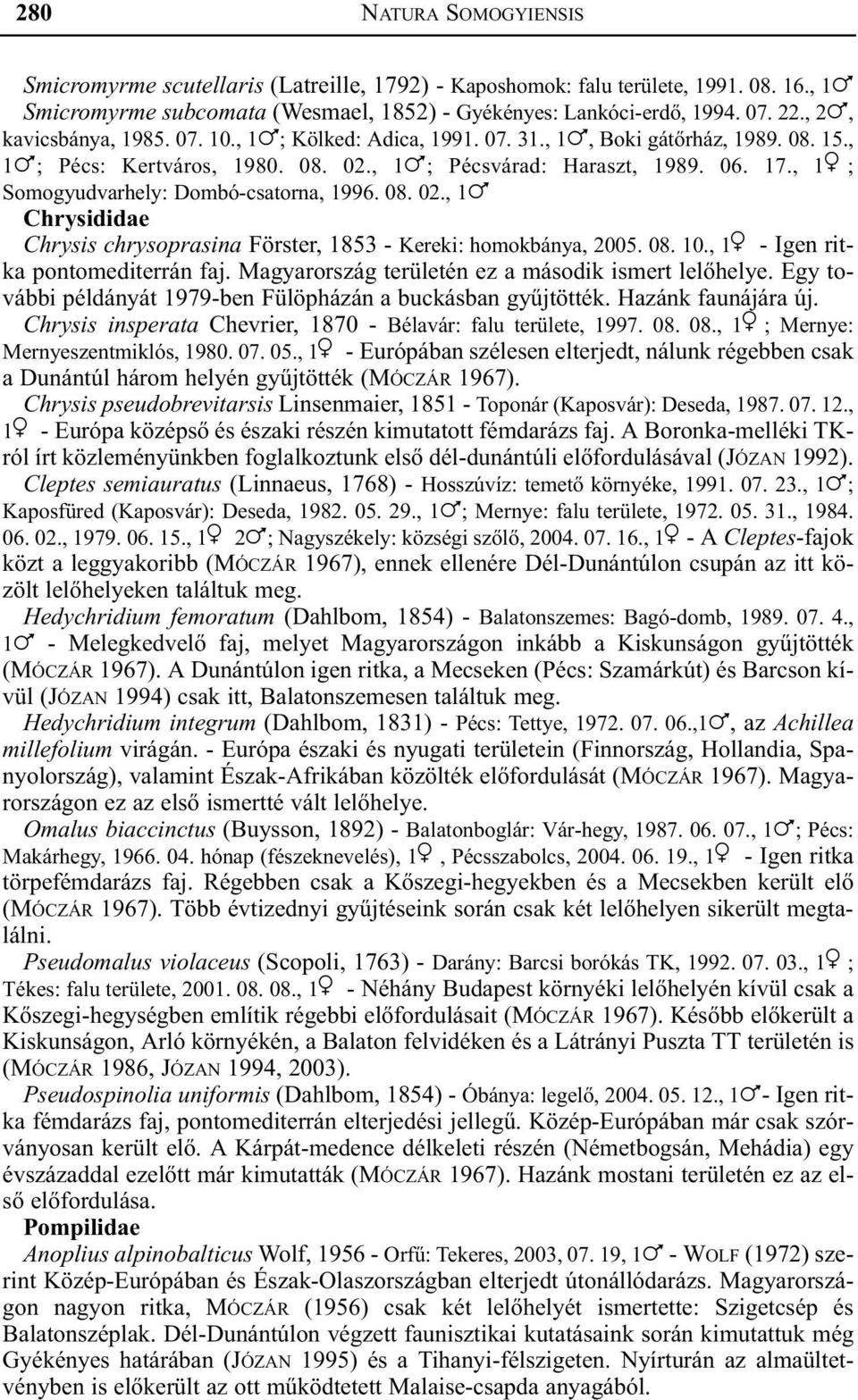 , 1 ; Somogyudvarhely: Dombó-csatorna, 1996. 08. 02., 1! Chrysididae Chrysis chrysoprasina Förster, 1853 - Kereki: homokbánya, 2005. 08. 10., 1 - Igen ritka pontomediterrán faj.