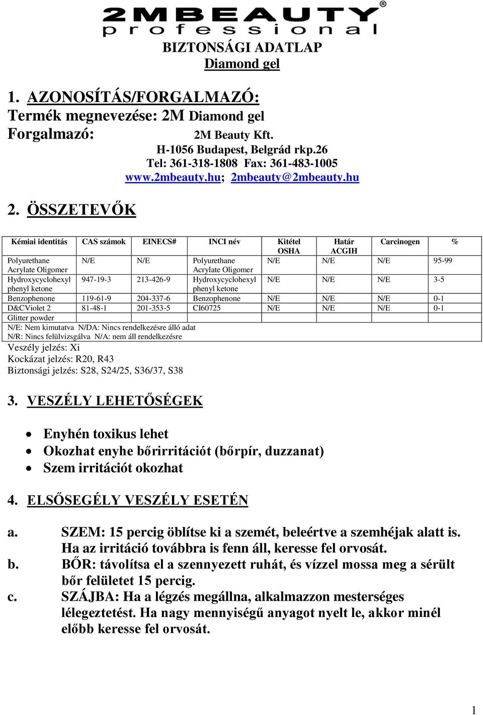 hu Kémiai identitás CAS számok EINECS# INCI név Kitétel Határ Carcinogen % OSHA ACGIH Polyurethane N/E N/E Polyurethane N/E N/E N/E 95-99 Acrylate Oligomer Acrylate Oligomer Hydroxycyclohexyl