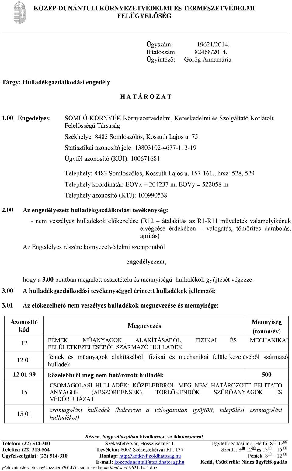 Statisztikai azonosító jele: 13803102-4677-113-19 Ügyfél azonosító (KÜJ): 100671681 Telephely: 8483 Somlószőlős, Kossuth Lajos u. 157-161.