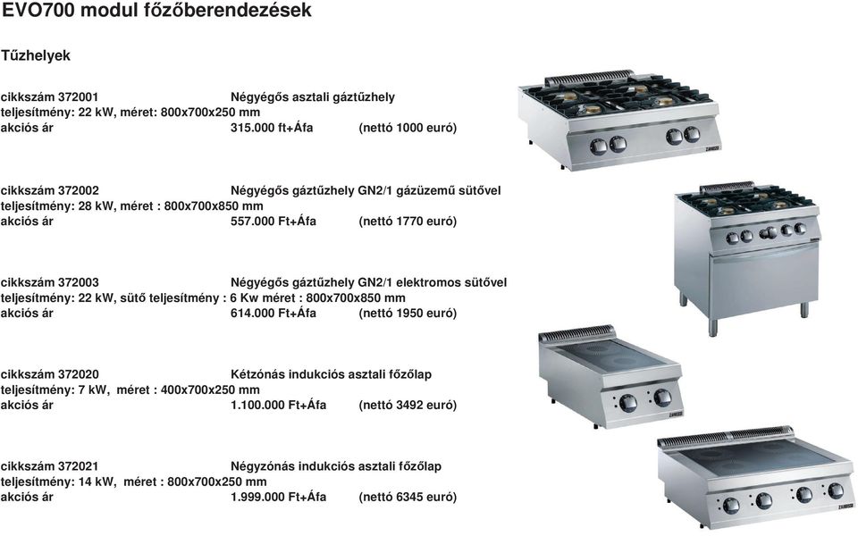 000 Ft+Áfa (nettó 1770 euró) cikkszám 372003 Négyégs gáztzhely GN2/1 elektromos sütvel teljesítmény: 22 kw, süt teljesítmény : 6 Kw méret : 800x700x850 mm akciós ár 614.