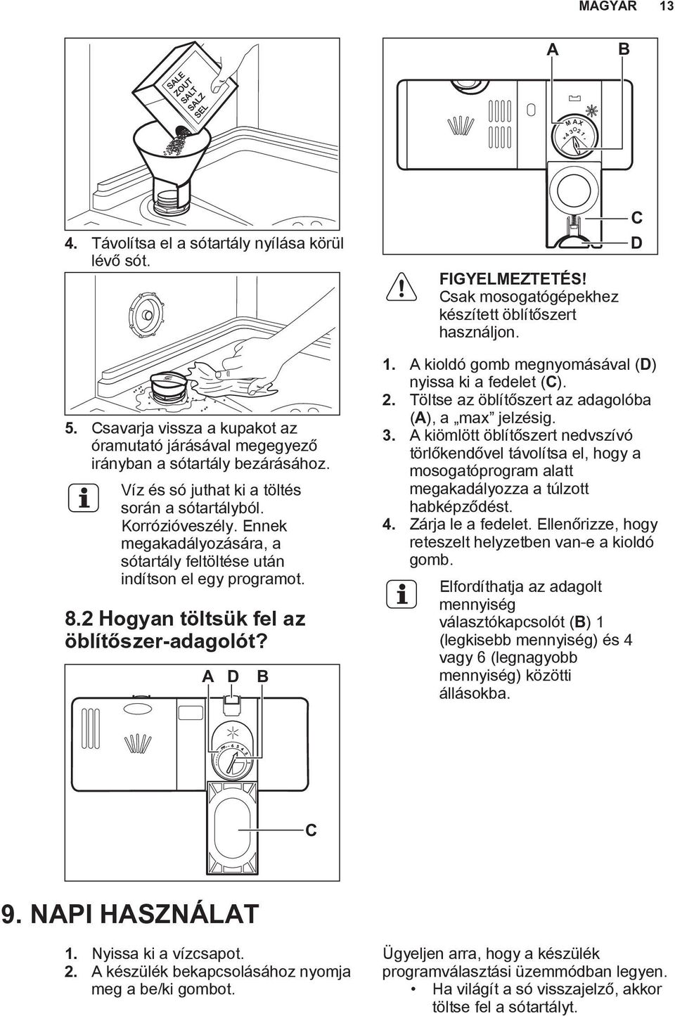 Ennek megakadályozására, a sótartály feltöltése után indítson el egy programot. 8.2 Hogyan töltsük fel az öblítőszer-adagolót? A D B 1. A kioldó gomb megnyomásával (D) nyissa ki a fedelet (C). 2.