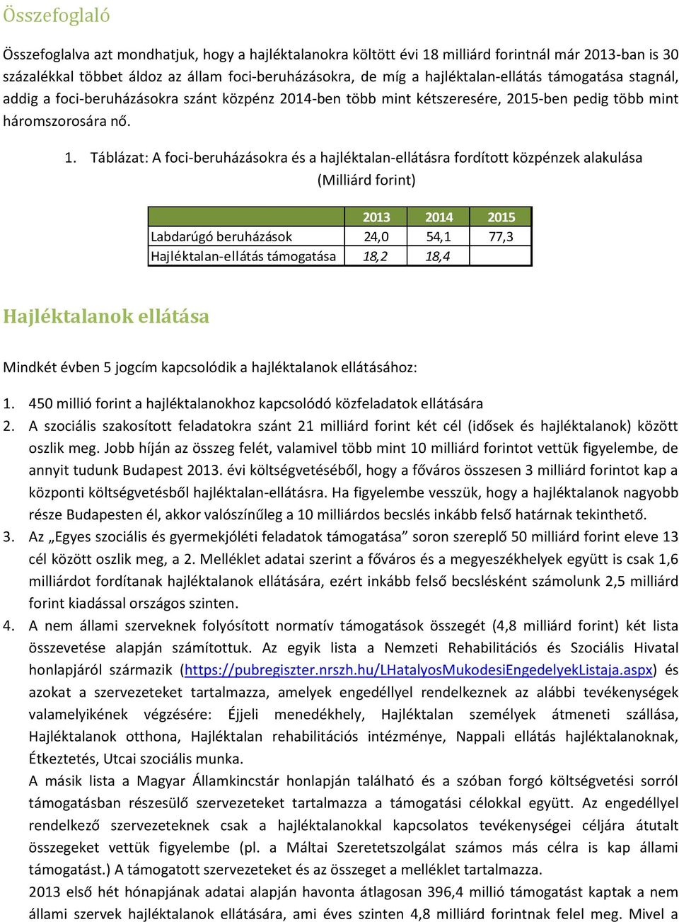 Táblázat: A foci-beruházásokra és a hajléktalan-ellátásra fordított közpénzek alakulása (Milliárd forint) 2013 2014 2015 Labdarúgó beruházások 24,0 54,1 77,3 Hajléktalan- ellátás támogatása 18,2 18,4