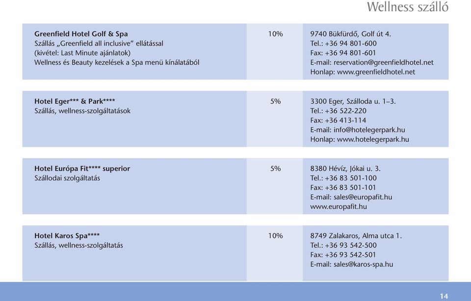 net Honlap: www.greenfieldhotel.net Hotel Eger*** & Park**** 5% 3300 Eger, Szálloda u. 1 3. Szállás, wellness-szolgáltatások Tel.: +36 522-220 Fax: +36 413-114 E-mail: info@hotelegerpark.