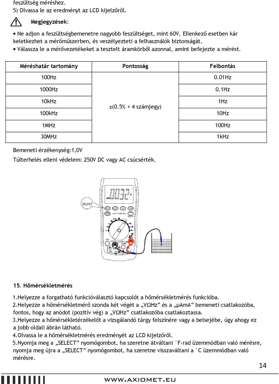 Méréshatár tartomány Pontosság Felbontás 100Hz 1000Hz 10kHz 100kHz 1MHz 30MHz ±(0.5% + 4 számjegy) 0.01Hz 0.