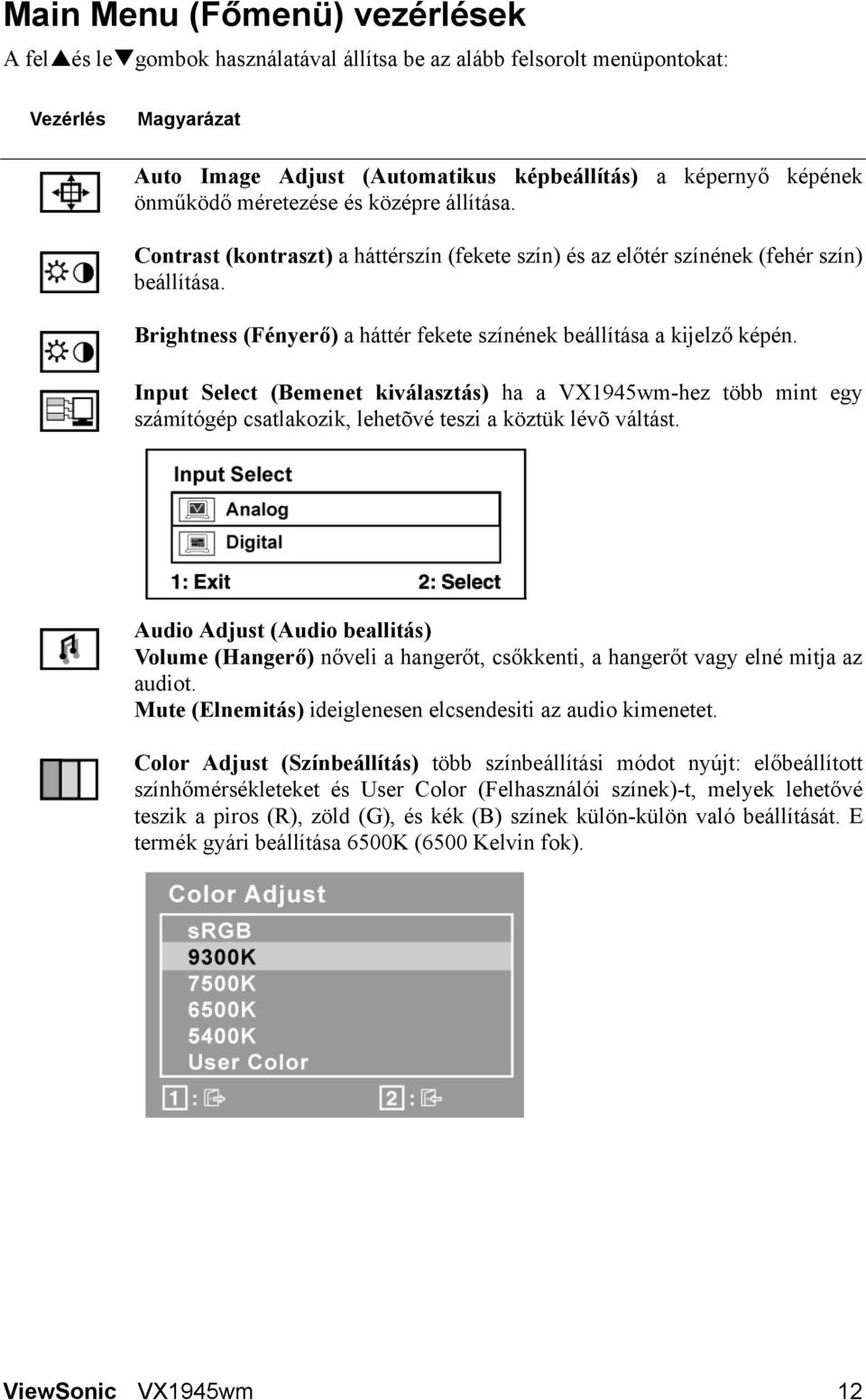 Input Select (Bemenet kiválasztás) ha a VX1945wm-hez több mint egy számítógép csatlakozik, lehetõvé teszi a köztük lévõ váltást.