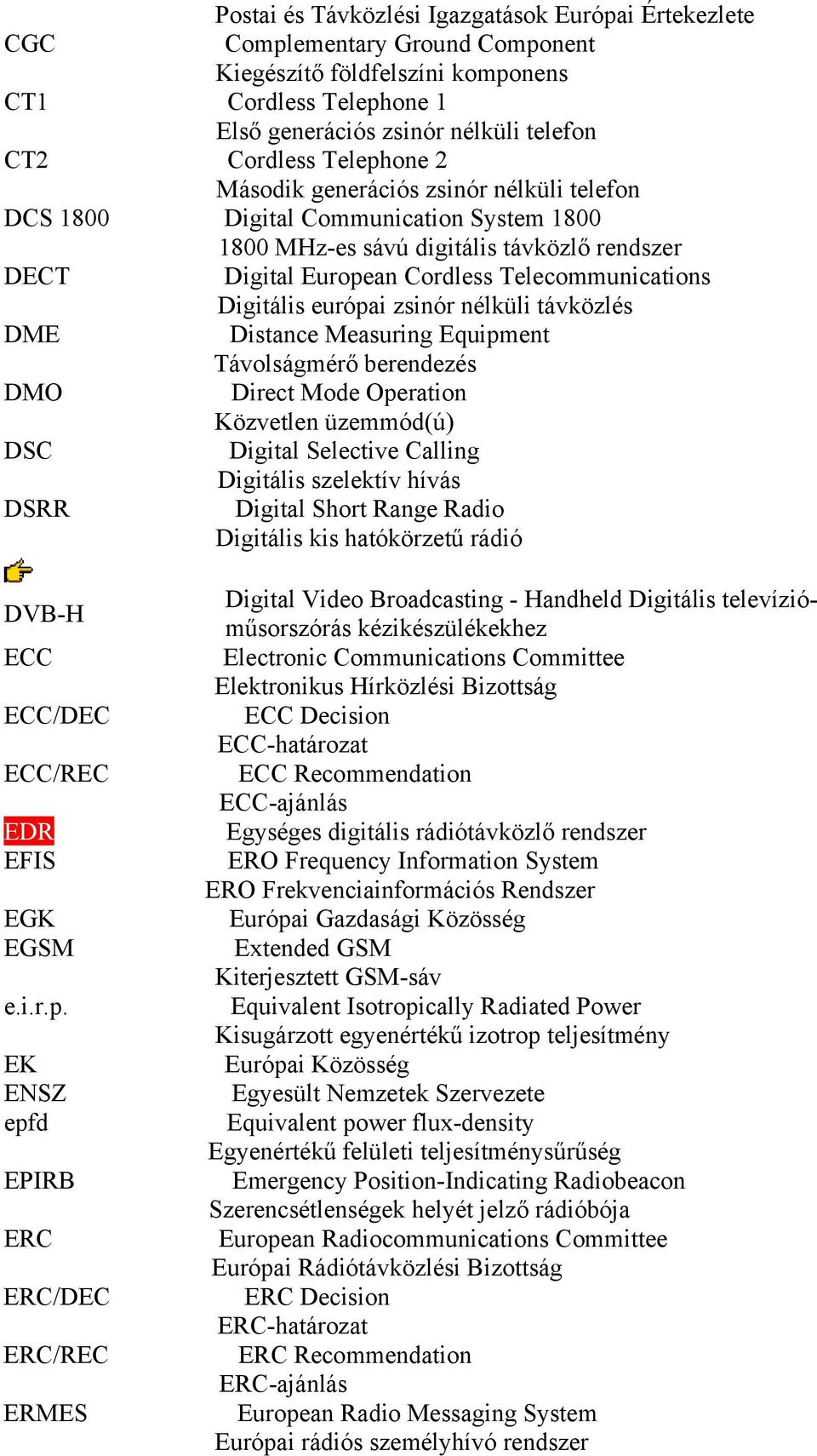 európai zsinór nélküli távközlés DME Distance Measuring Equipment Távolságmérő berendezés DMO Direct Mode Operation Közvetlen üzemmód(ú) DSC Digital Selective Calling Digitális szelektív hívás DSRR