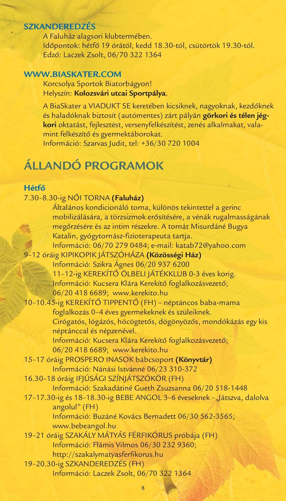 A BiaSkater a VIADUKT SE keretében kicsiknek, nagyoknak, kezdőknek és haladóknak biztosít (autómentes) zárt pályán görkori és télen jégkori oktatást, fejlesztést, versenyfelkészítést, zenés