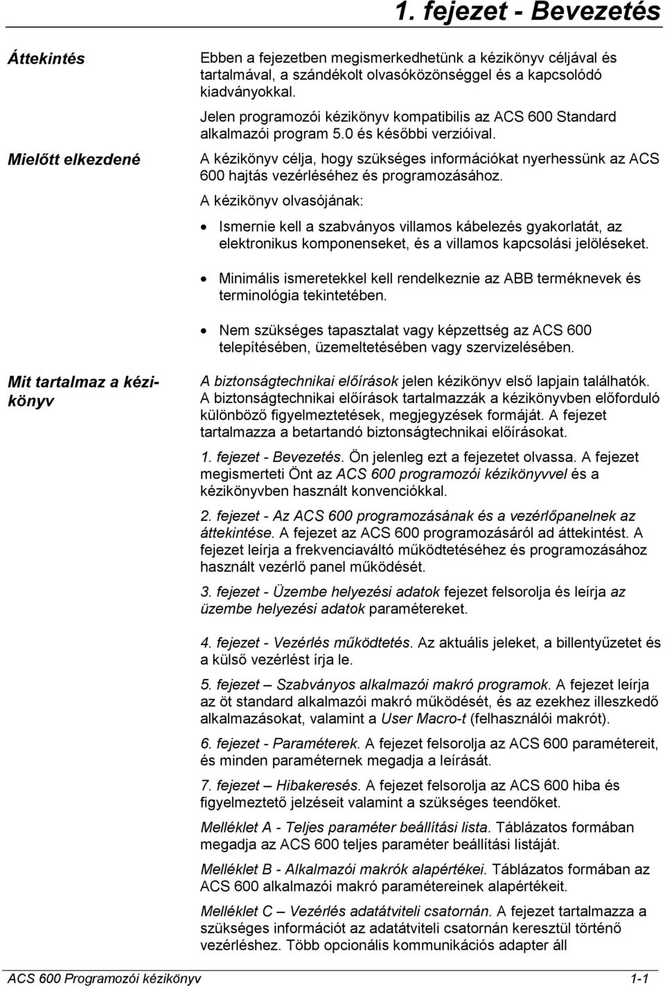 A kézikönyv célja, hogy szükséges információkat nyerhessünk az ACS 600 hajtás vezérléséhez és programozásához.