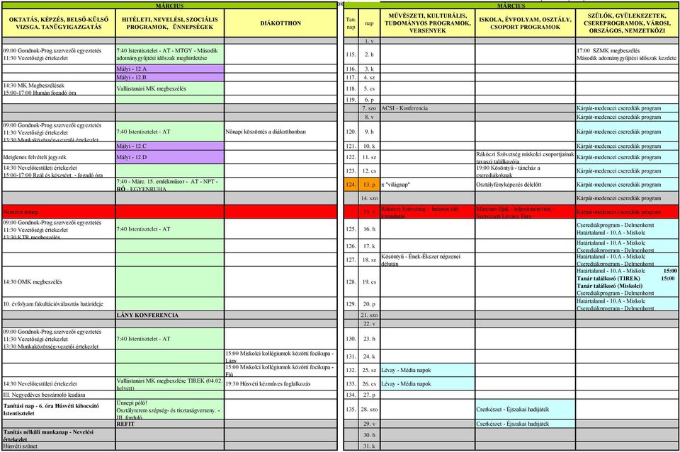 szo ACSI - Konferencia Kárpát-medencei cserediák program 8. v Kárpát-medencei cserediák program 7:40 Istentisztelet - AT Női köszöntés a diákotthonban 120. 9.