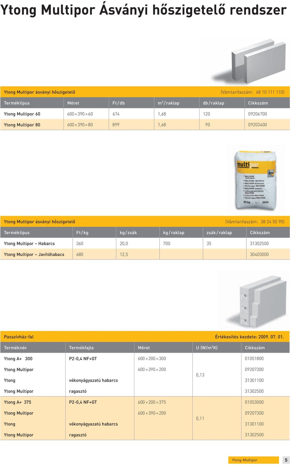 Cikkszám Ytong Multipor Habarcs 360 20,0 700 35 31302500 Ytong Multipor Javítóhabacs 680 12,5 30403000 Passzívház-fal Értékesítés kezdete: 2009. 07. 01.